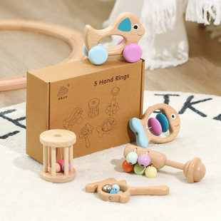 木制婴儿彩色手摇铃五件套装，新生儿盒装礼物，床铃早教益智安抚乐器