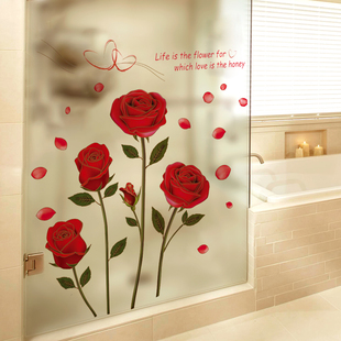 创意玫瑰花浴室防水瓷砖装饰墙纸卫生间玻璃门贴纸，温馨墙贴画自粘
