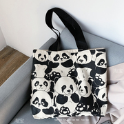 可爱大熊猫双面图案有拉链，帆布包包男女同，款手提书包袋环保布袋潮