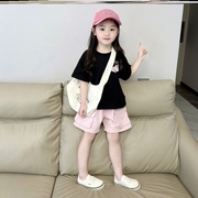 韩版女童2024夏季儿童卡通黑色，棉短袖t恤女宝宝粉色短裤潮