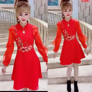 2023女装连衣裙长袖修身烫钻刺绣礼服中国红色气质打体衫高端礼服