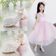 银色韩系儿童舞蹈高跟鞋水晶白色，小皮鞋女童单鞋公主软底凉鞋钢琴