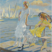 书房娱乐挂画印象欧美女人装饰画油画 观看帆船比赛人物手绘欧式