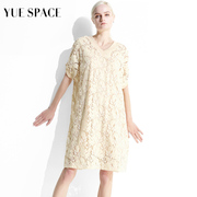 YUESPACE蕾丝衫夏季女V领短袖宽松长款显瘦镂空T恤套头衫时尚休闲