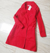 韩版新女春秋冬装大红色长袖暗扣，中长款翻领西装，毛呢大衣风衣外套