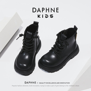 达芙妮女童靴子秋季儿童短靴，2023马丁靴，春秋黑色男童英伦皮靴