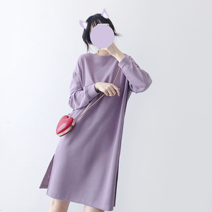 宽松直筒显瘦长袖圆领，中长款卫衣女，薄款2021紫色休闲连衣裙子