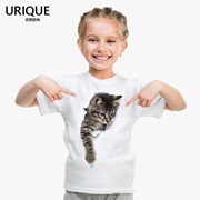 3d立体萌猫咪图案莫代尔，儿童t恤女童装短袖，可爱动物亲子时尚宝宝
