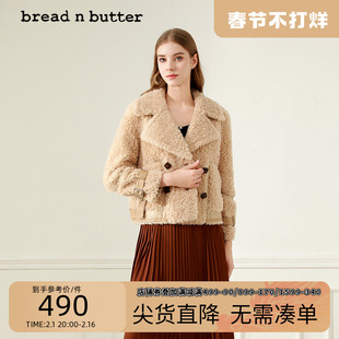 bread n butter绵羊毛气质外套女秋冬双排扣翻领长袖加厚保暖上衣