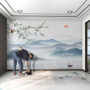 新中式山水画影视墙壁纸日出客厅，电视背景墙无缝墙布连绵山峰墙纸