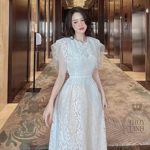 2024春装 优雅修身白色蕾丝连衣裙伴娘裙 越南设计师