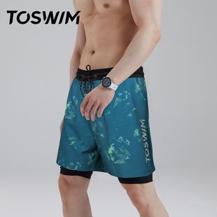 toswim泳裤男专业时尚运动双层健身游泳裤五分，及膝休闲沙滩裤