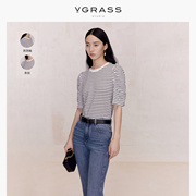 vgrass黑白条纹泡泡袖，t恤23秋季休闲百搭短袖上衣女