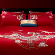 中式刺绣结婚床上四件套红色，喜被120支全棉，被套婚庆床单床上用品