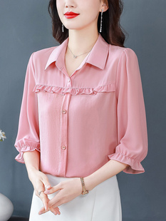 广州十三行女装粉红色雪纺衫，高级感夏装，2023漂亮洋气衬衫上衣