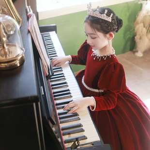 儿童生日礼服红色丝绒花童公主，裙女孩钢琴高端演出服女童主持人冬