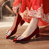 红色婚鞋女绒面新娘鞋秀禾粗跟婚纱高跟鞋冬 不累脚大码41-43单鞋
