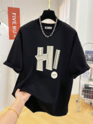 2024夏季韩版条纹字母大版宽松纯棉黑色短袖，t恤女中长款潮牌