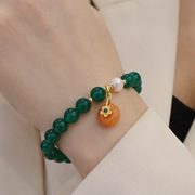 天然绿玛瑙手链淡水珍珠，弹力绳高级感抽拉手饰金丝玉花朵手串