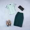 大码夏季淡绿色荷叶袖小衫+墨绿包臀铅笔半身裙套装