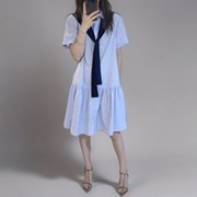天蓝色连衣裙女欧洲站2024年夏季设计感小众宽松遮肉显瘦衬衫