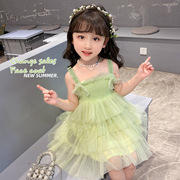 女童吊带连衣裙夏季女孩，超仙绿色蓬蓬纱裙，韩版儿童洋气蛋糕裙夏款