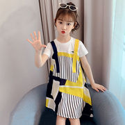 2023童装韩版黄色条纹连衣裙夏季女潮范棉短袖假两件公主裙潮
