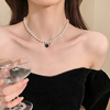 法式复古气质珍珠项链女黑色爱心毛衣链轻奢小众高级感颈链装饰品