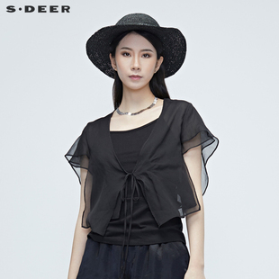 sdeer圣迪奥夏季女装，飘逸雪纺飘带黑色，空调衫开衫外套s20282202