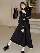 黑色法式复古半身裙套装大码女装胖mm短款西装外套秋装搭配一整套