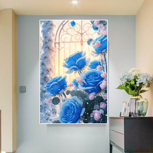 十字绣蓝色玫瑰2023金丝布(金丝布，)大格棉线，竖版玄关客厅高级感花卉图