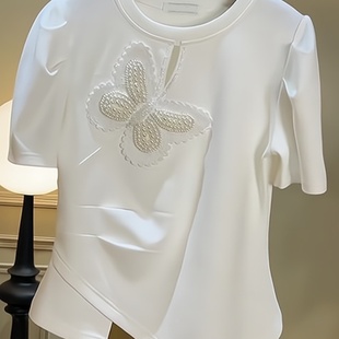 白色圆领蝴蝶镶钻不规则短袖t恤女夏季女装2024百搭气质上衣