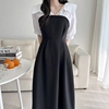 韩国chic春夏法式气质翻领，修身显瘦撞色拼接假两件短袖连衣裙长裙