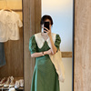 绿色娃娃领连衣裙，女夏季ins拼色森系温柔气质短袖长裙