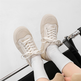 吉步饼干帆布鞋女2024小白，鞋韩版平板鞋厚底增高白色休闲鞋子