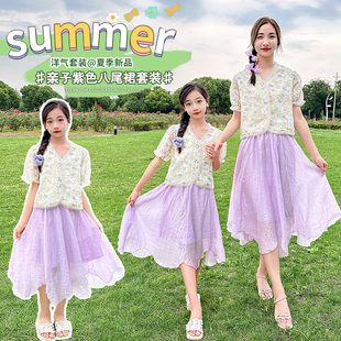 夏季中国风亲子装短袖套裙休闲复古汉服裙两件套母女，款套装潮