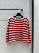 女装2024早春欧洲站羊绒混纺红白条纹气质优雅时尚一字领毛衣