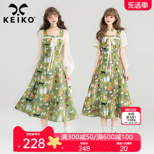 keiko薄荷曼波风油画碎花，连衣裙2024夏季法式度假方领显瘦长裙子