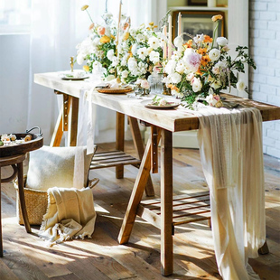 润家美式乡村复古实木桌子，长方形餐桌会议桌花艺操作台美术桌原木