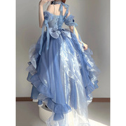 蓝色花嫁礼服，lolita连衣裙女洋装洛丽塔重工，拖尾蓬蓬公主裙