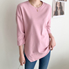 韩版宽松大码显瘦九分袖，粉红色t恤两侧开衩气质中长款上衣女装