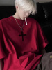 十字架纯棉美式高街短袖T恤男夏季潮流个性痞帅酒红色半截袖体恤