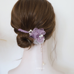 gukuali原创紫色花朵流苏弹簧夹，后脑勺发夹珍珠，女气质网纱半扎新