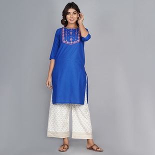 印度女装纯棉刺绣中长款民族风上衣，春夏款2024宝蓝色舒适薄款