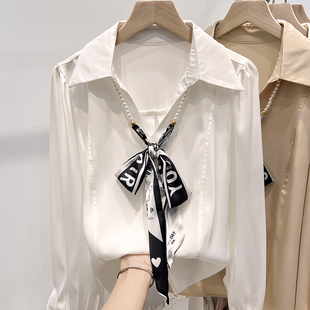 2024韩国气质显瘦翻领珍珠，链条系带套头，长袖雪纺衫女春季