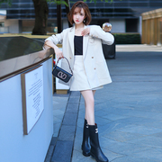 MIUCO米白色宽松版西装外套+高腰A字短裙两件套装女秋新