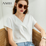 Amii2024年夏不对称V领雪纺衫女短袖宽松衬衫气质上衣女衬衣