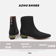 AZHU SHOES 双色尖头中跟短靴女2023秋冬拉链方头真皮瘦瘦靴
