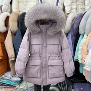韩国白鸭绒(白鸭绒)收腰加厚紫色，羽绒服女中长款小个子大毛领连帽工装外套
