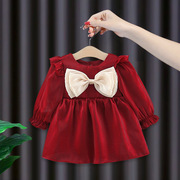 1-3岁女童洋气连衣裙春秋款2宝宝，红色公主裙，婴儿周岁加绒礼服裙子